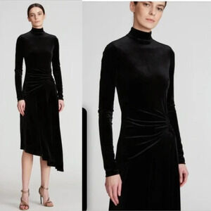 Halston Bell Long Sleeve Velvet Cocktail Dress Mock Neck Asymmetrical Hem